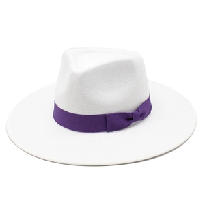 Detailed texture of white wool fedora hat featuring a stylish purple grosgrain ribbon