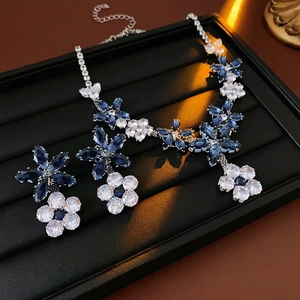 Flower Copper Zircon Jewelry Necklace And Earrings With Silver Earring Post Blue Water Drop Pendant Elegant Formal Accessories