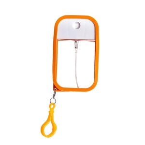 Detail of 50ml portable orange card spray bottle with silicone loop for sanitizer