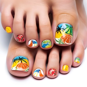 Detailed macro view of summer beach style press-on toenails with vibrant coconut tree patterns