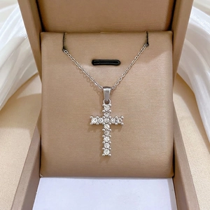 Titanium steel cross necklace with zircon inlay in premium silver finish