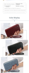 Detailed specs of crocodile pattern PU leather wallet with dual zipper and hand-held views