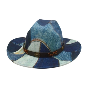 Patchwork Denim Western Cowboy Hat With Leather Band Metal Bull Head Retro Jazz Fedora Sun Protection For Men Women