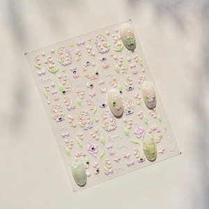 3D floral nail art stickers with pink lily of the valley and rhinestones, model TO-4857