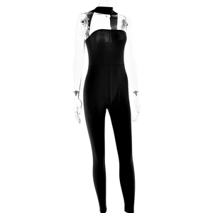 Detail of black halter sleeveless bodysuit on female mannequin showing smooth fabric texture