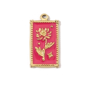 Close-up of a pink enamel flower pendant with a gold-plated stainless steel frame