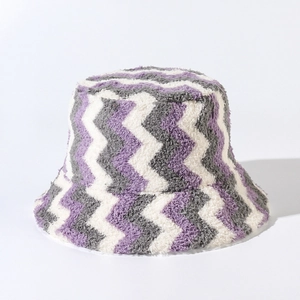 Detail showing the soft wavy knit texture of the purple and grey plush bucket hat