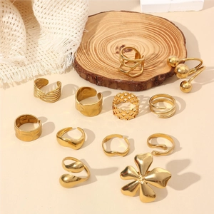 Set of 12 luxury 18k gold plated french style petal and wave patterned rings for women