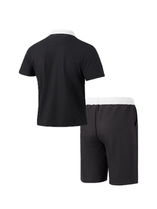 Ensemble d'été noir en maille gaufrée pour homme avec polo et short tenue de plage décontractée