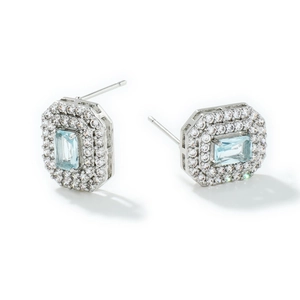 Silver stud earrings with light blue emerald-cut zircon and double halo pavé