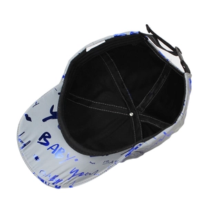 Luminous silver baseball cap with blue graffiti print and adjustable back strap