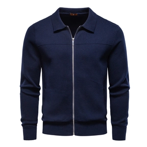Navy blue men's zip-up knit cardigan jacket with stand collar in premium textured fabric