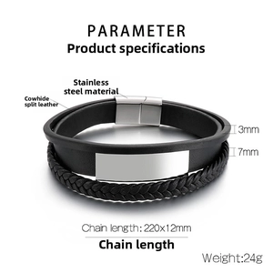 Detailed view of 220mm men's stainless steel and leather bracelet with 24g weight