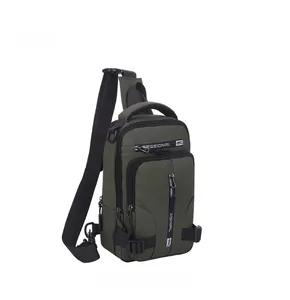 Detail view of army green nylon crossbody chest bag with multi-layer zipper pockets