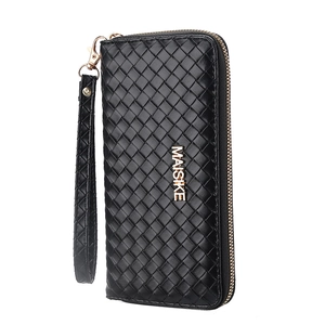 Women's black woven long wallet with gold zipper and stylish wristlet strap
