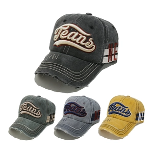 Vintage Washed Cotton Denim Baseball Cap Distressed Letter Embroidery Adjustable Outdoor Sun Hat For Men Women