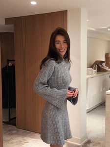 French style grey knit long sleeve dress with flared cuffs and collared button neck