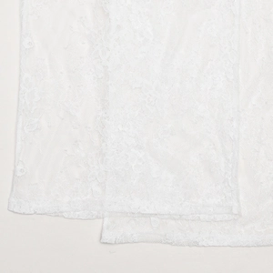 Close-up of white lace fabric detailing intricate floral patterns and mesh structure