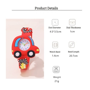 Detailed spec sheet showing red car-shaped kids watch dimensions and dial size