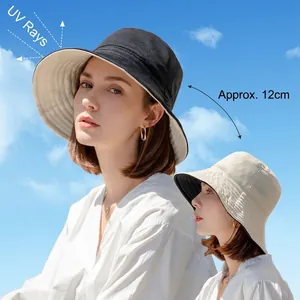Cappello da sole a tesa larga da donna pieghevole con protezione UV nero e beige