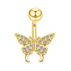 Golden stainless steel belly ring with a dangling butterfly pendant set in clear crystals
