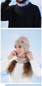 Detail of warm winter knitted beanie and neck warmer set with thick fleece lining