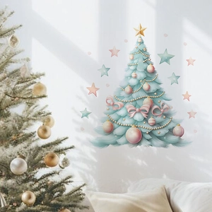 Close-up of mint green Christmas tree wall sticker with pink bows and gold star details