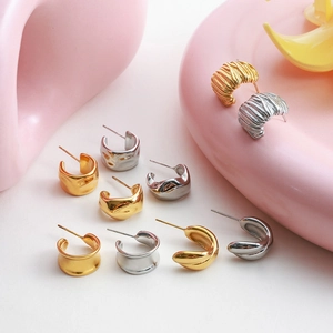 Stainless Steel Hoop Earrings Women Irregular Molten Textured C Shaped Earrings Gold Silver Plated Fashion Jewelry