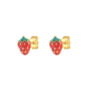 S925 silver needle strawberry stud earrings with red and green enamel coating