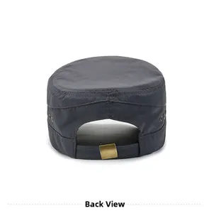 Detail view of adjustable strap and metal buckle on the back of quick-dry flat top cap