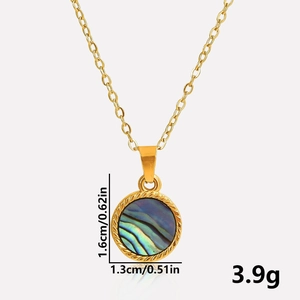 Detail showing dimensions of round abalone shell pendant necklace in 304 stainless steel