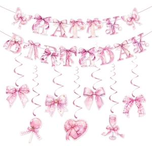 Pink watercolor birthday banner set with butterfly streamers and sweet party decorations