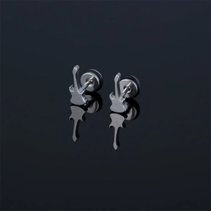 Minimalist guitar shaped stainless steel stud earrings in silver finish with mirror reflection