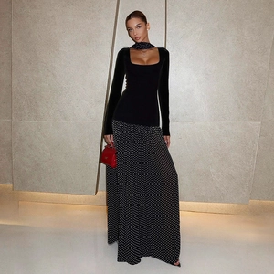 Patchwork Maxi Dress Velvet Square Neck Long Sleeve Polka Dot Print High Waist Elegant Evening Gown For Women