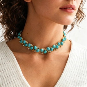 Retro resin zircon double layer adjustable necklace with turquoise beads in gold finish