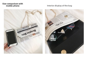 Detail view of newspaper print chain bag showing interior capacity and size comparison