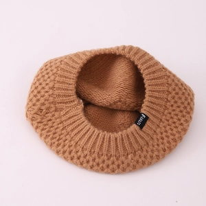 Brown knitted lotus leaf beret for children featuring warm wool honeycomb texture