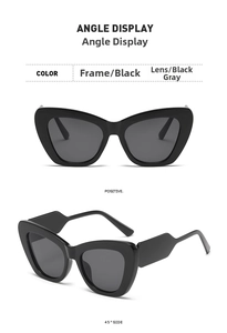 Detailed angle display of cat eye sunglasses with thick black frames and grey lenses