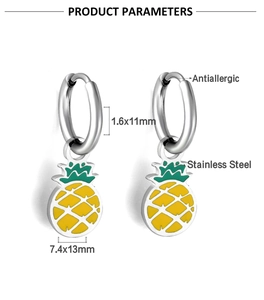 Detailed product parameters of pineapple earrings showing dimensions and antiallergic steel
