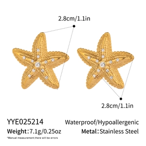 Detail view of gold starfish earrings with dimensions and stainless steel material specs