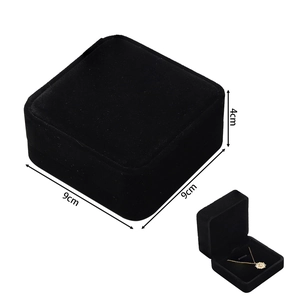 Detail of a 9x9x4cm square black velvet jewelry box showing both closed and open views
