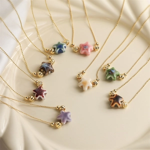 Star Pendant Necklace Copper Bead Chain Colorful Ceramic Star Geometric Fashion Sweater Jewelry For Women Men Novelty