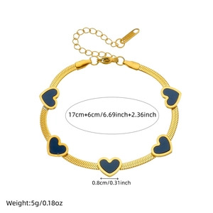 Gold plated stainless steel bracelet featuring five dark blue heart-shaped pendants