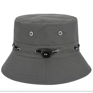Dark grey outdoor sun bucket hat with adjustable sport drawstring and metal air vents