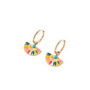 Golden fan-shaped earrings with colorful enamel and turquoise beads on white background