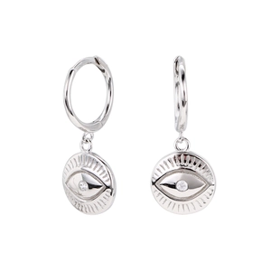 S925 sterling silver evil eye hoop earrings with sparkling white cubic zirconia stones