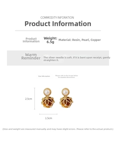 Detail of vintage earrings showing resin texture, pearls, and product dimensions