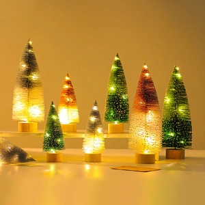 Mini Christmas Tree LED Glowing Light Up Desktop Ornament Snow Flocked Sisal Trees With Wood Base Holiday Home Decoration