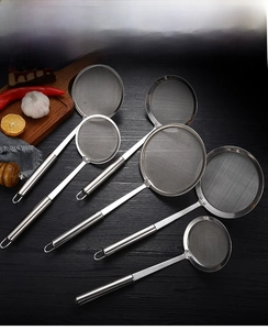 Set of 6 stainless steel fine mesh strainers with hollow handles and hanging hooks