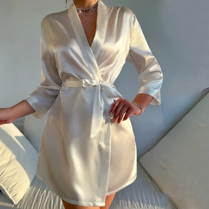 Short pearl white satin robe for women with V-neck wrap design and waist tie detail